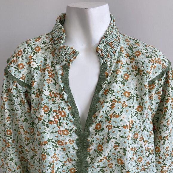 Umgee 1XL Green Floral Blouse Puff Sleeves Boho Shabby Cottage Chic Top Popover - Picture 2 of 12